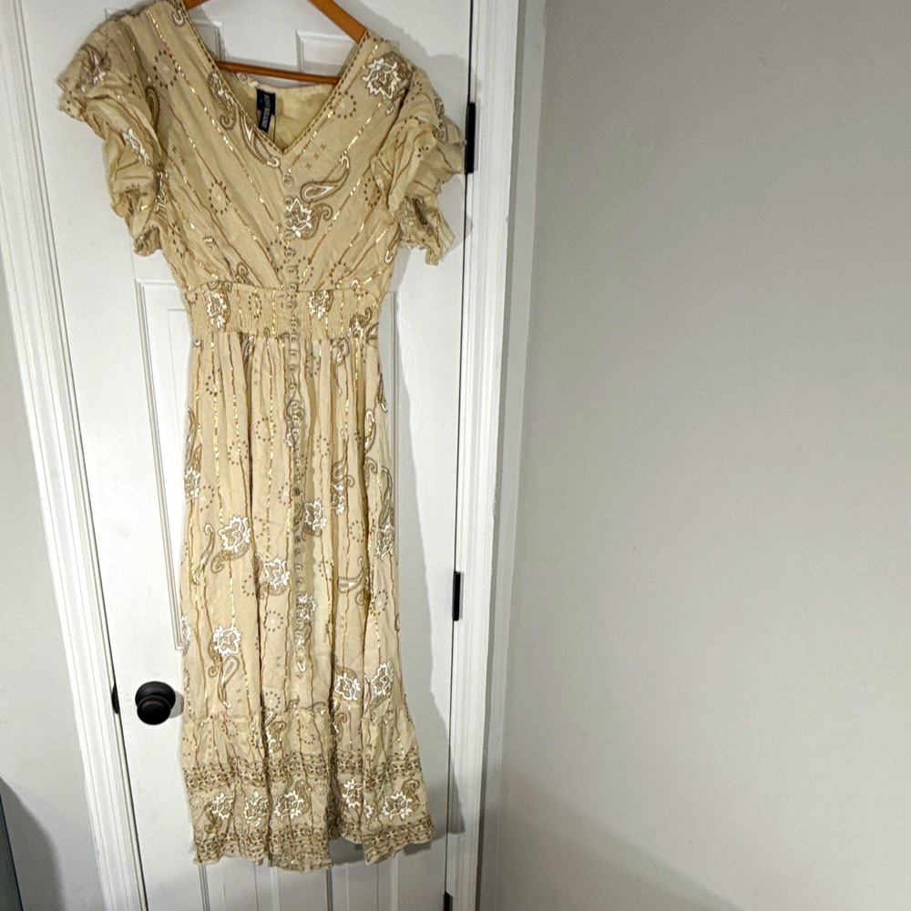 Boho Miami Women's One Size Beige Gold Paisley V-Neck Smocked Midi Dress